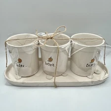 Rae Dunn Taste Savor Enjoy Utensil Holder Crocks and Tray Set Pumpkin Art Autumn