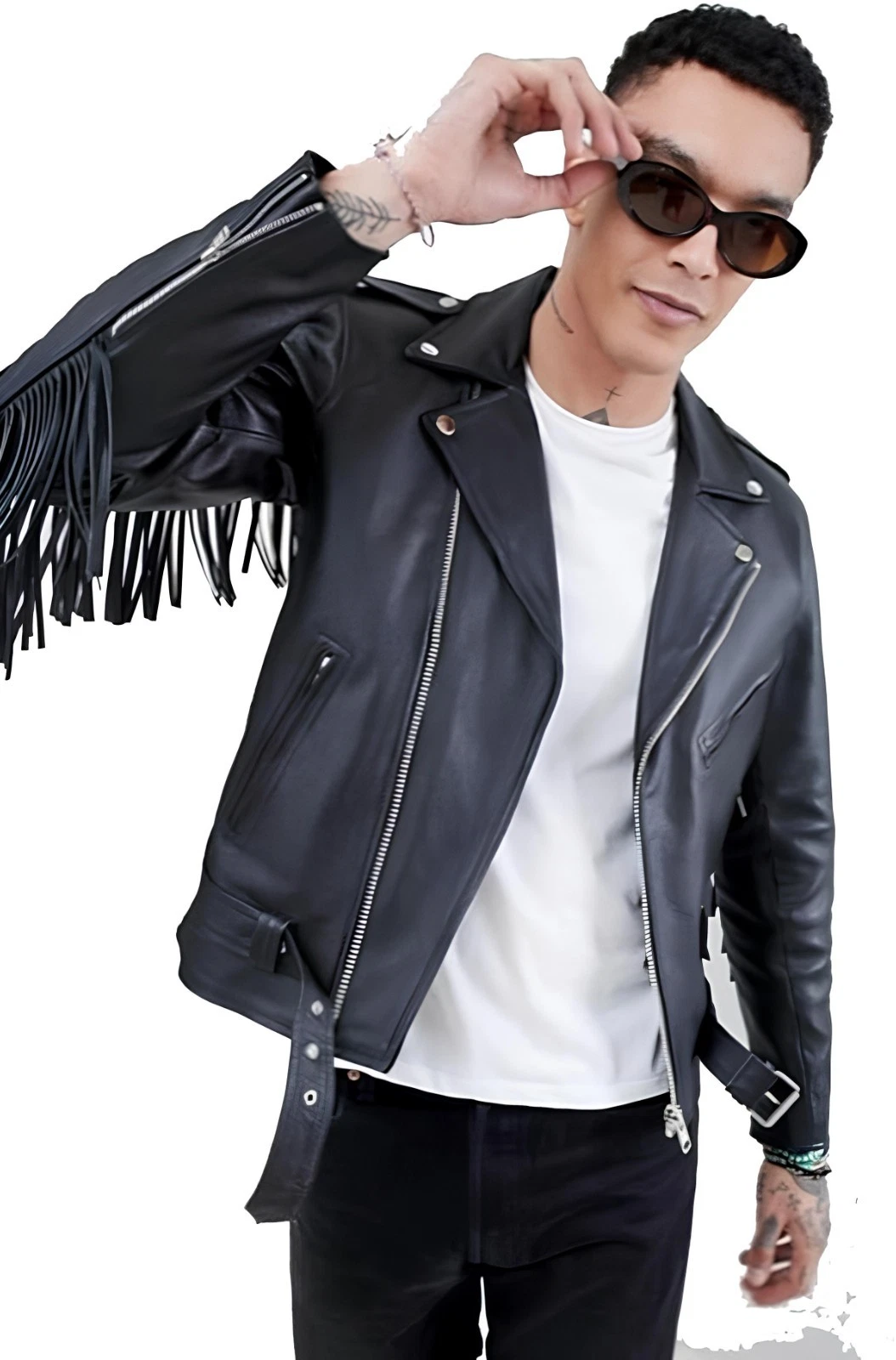 Men’s Black Genuine Lambskin Leather Motorcycle Western Fringe Tassel Jacket Men