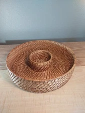 Woven Rattan Serving Dish Chip And Dip basket 13” Across Dip Bowl 4.5” Across
