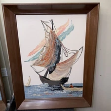 Vintage Impasto Sailboat Oil Painting 35x27 Coastal Nautical Mid-Century