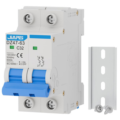 AC Miniature Circuit Breaker, 120V/240V 2 Pole 32 Amp DIN Rail Mount Circuit Bre