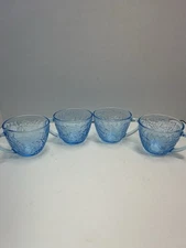 VTG KIG Indonesia Ice Blue Glass Tea Cups Set of 4 Fruit Images Textured 