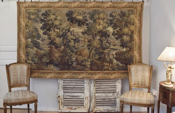 Fabulous Large Vintage French Verdure Woven Tapestry Wall Hanging, River & Trees