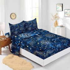 Blue Starry Sky 4 Pieces Full Size Bed Sheet Sets, Galaxy Bed Fitted Sheet So...