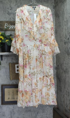 #ad Aqua Womens Flowy Lightweight Floral Ruffle Maxi Dress IDM12134 Yellow White L $28.60