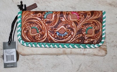 Myra Bags #5403 Hairon, Tooled Leather 8''x1''x4'' Wallet~Pockets~Slots~RFID Block