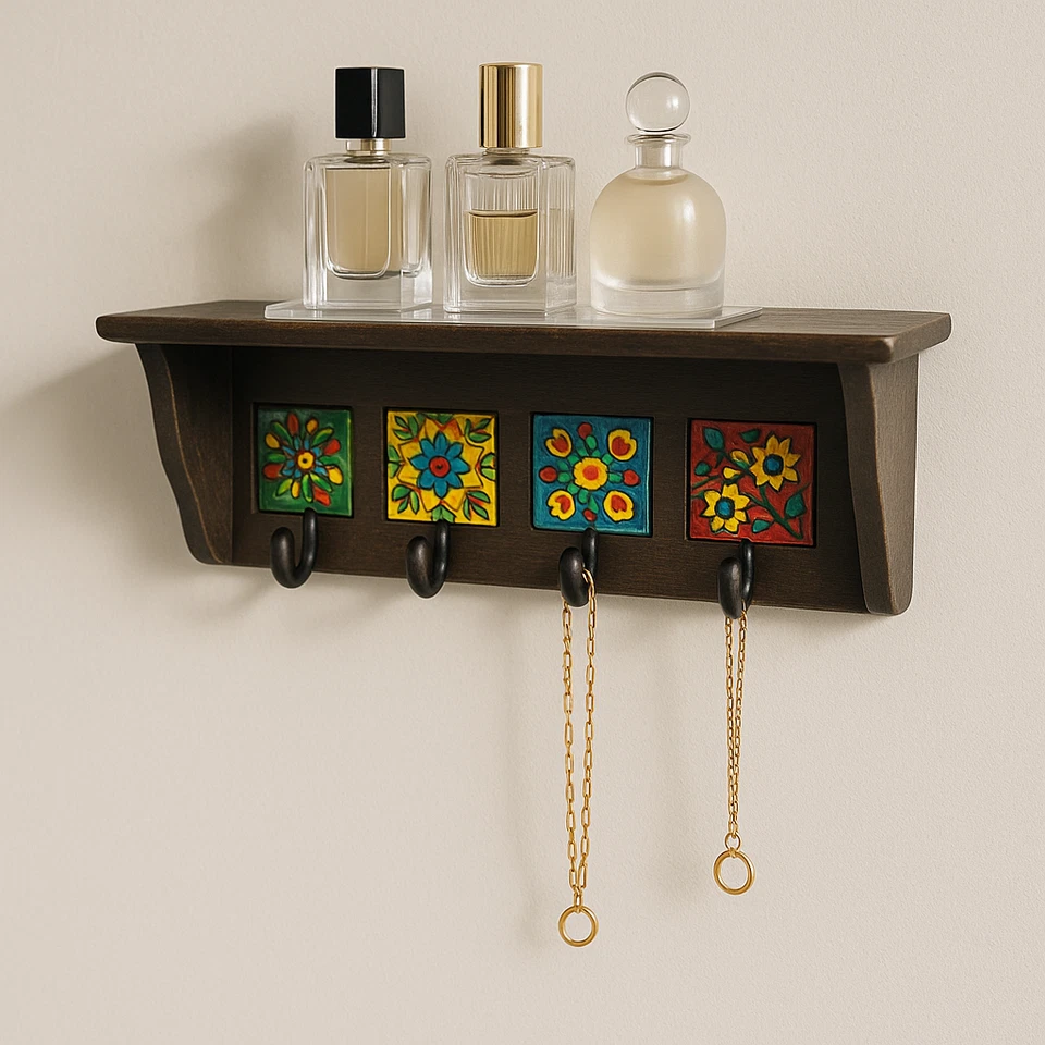 Espresso brown Wall Shelf with Ceramic Tile Inlay & Hooks – Entryway Key Holder - Image 4 of 4