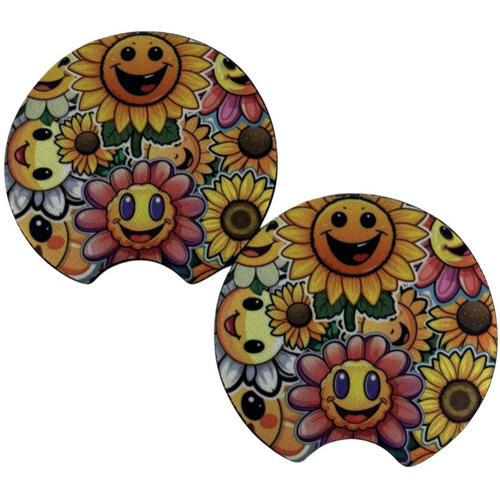 Car Coasters Smiley Face Flowers Groovy Retro Sunflower Set 2 Neoprene Absorbent - Picture 2 of 6