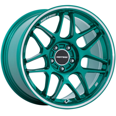 18x9.5 +15 Motegi MR158 Tsubaki 5x4.5 Hokkaido Green Mach Lip