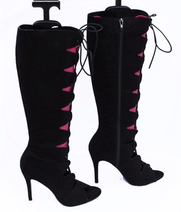 black knee high open toe boots