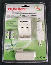 Tenergy 2 RCR123A Rechargeable LiFePO4 Batteries + RCA123A Charger NEW