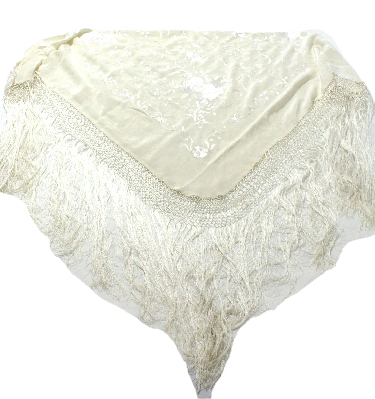 Antiguo chal de seda envolvente bufanda de piano bordado a mano floral con flecos. Foto 4 de 4