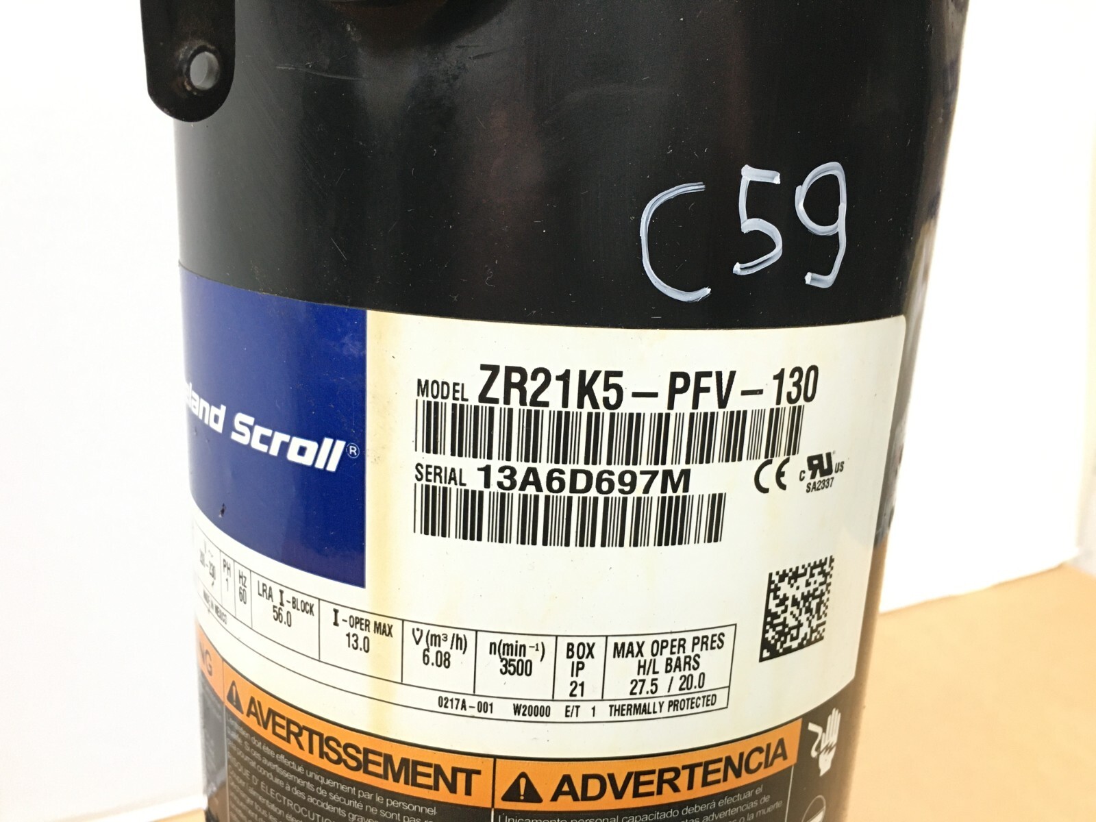 Copeland 2 ton Scroll AC Compressor ZR21K5PFV130 1PH R22 used C59