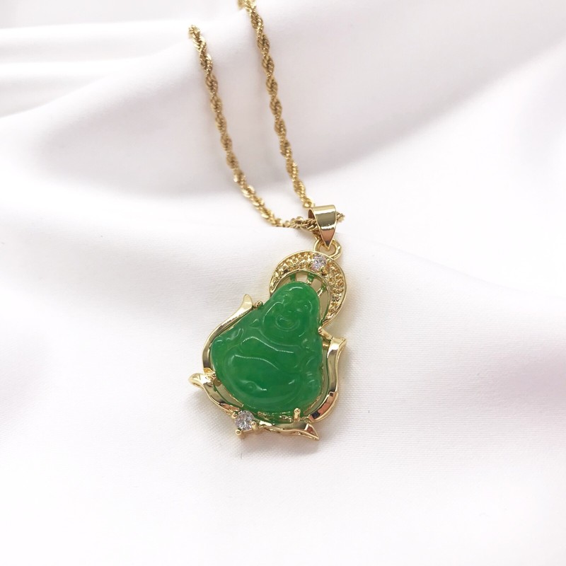 Good Fortune Wisdom Gold Plated Jade Laughing Buddha Pendant Necklace, - Product main view