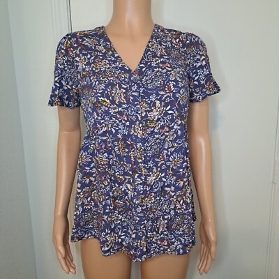 Ingrid & Isabel Maternity Size X-Small Button Up Blue Floral Print V-Neck SS Top
