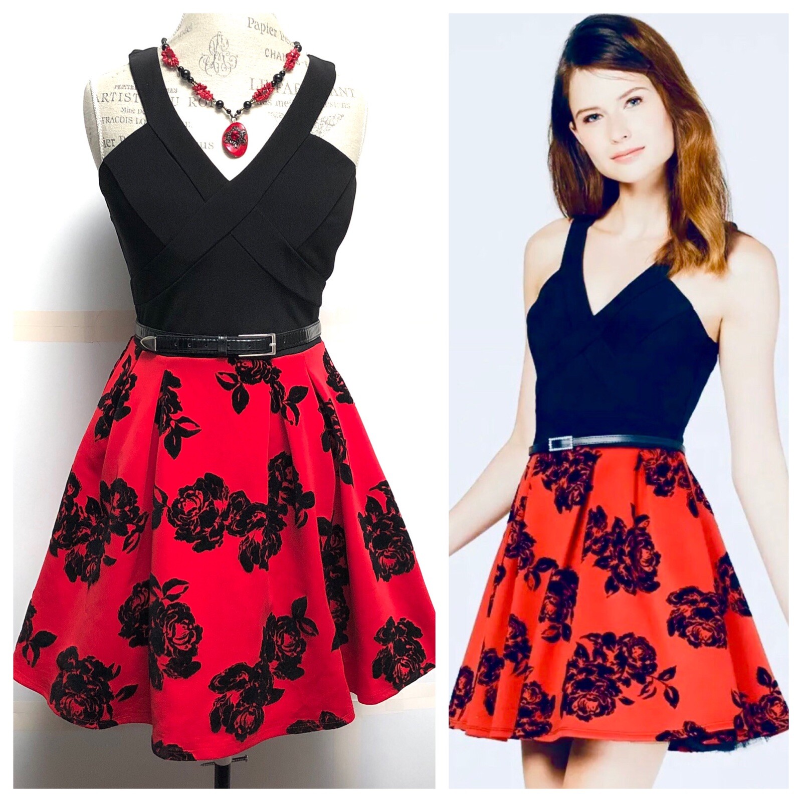 NEW HOLIDAY ROCKABILLY PINUP RETRO Flocked Floral CHRISTMAS FitFlare Dress SZ 11