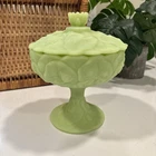Fenton VTG Green Uranium Glass Satin Water Lily Candy Dish With Lid