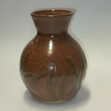 Studio Pottery Bud Vase 5" x 3.5" Glazed Speckled Brown Green Drip Signed DM '20
