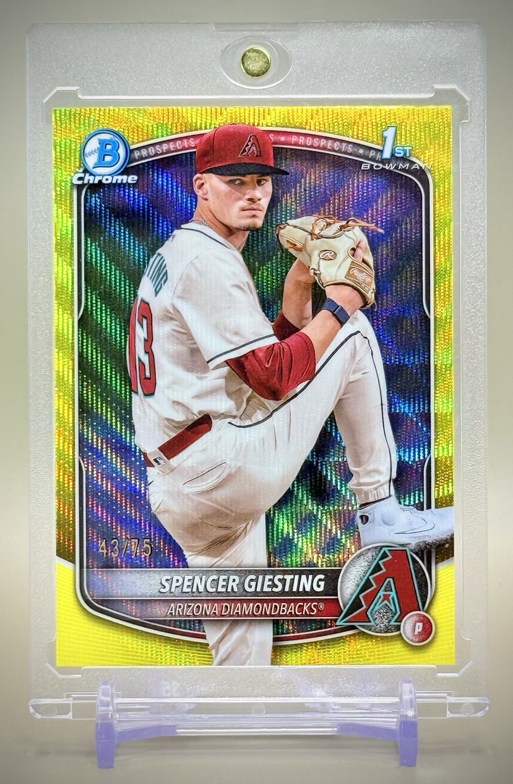 Spencer Giesting 2025 1st Bowman Chrome #BCP-165 Yellow Wave Refractor #/75 SP