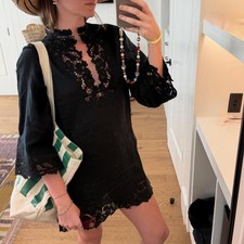 NWT Doen Roselie Linen Lace Crochet Collar 3/4 Sleeve Tunic Mini Dress Black