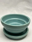 Old McCoy pottery flower pot PLANTER w ATTACHED UNDERPLATE Teal Turquoise Blue