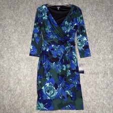 Chaps Faux Wrap Dress Blue Floral Knee Length 3/4 Sleeve Stretch V-neck XS New