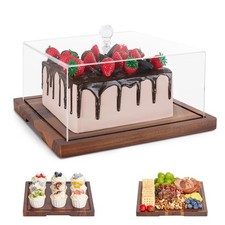 Acacia Wood Cake Stand with Lid-Cake Holder with Dome, 2-in-1 Dessert Table