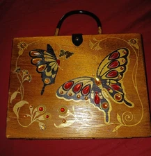 Vintage Enid Collins Style 1960s  Wooden Bejeweled  Cigar Box Purse 