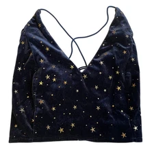 Romwe Blue Velvet Celestial Gold Star Corset Back Spaghetti Strap Crop Top Med