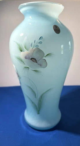 NEW FENTON ART GLASS POPPY  BLUE TOPAZ OVERLAY HAND PAINTED SIGNED 9" VASE w Tag