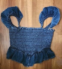 Denim BLUE JEAN Corset CAMI Top RUFFLE SHIRRED Cropped Tank S SMALL Festival