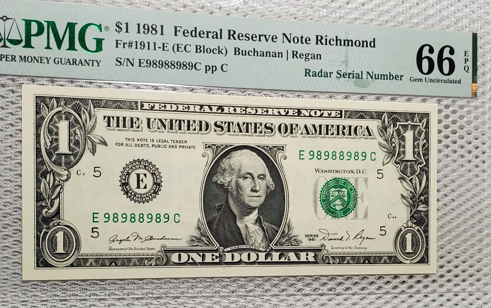 1981 $1 FRN Fancy Binary Radar Repeater Serial #98988989 PMG Gem UNC 66EPQ Nice - Image 4 of 4