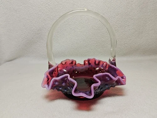 Vintage Fenton ~ Plum Deep Purple Opalescent Hobnail 6" Ruffled Basket