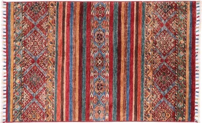 Afghan Ziegler Khorjin Teppich 80x120 Handgeknüpft Bunt Gestreift Orient g - Bild 1 von 4