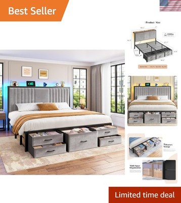 Queen Bed Frame with 5 Storage Drawers & Storage Headboard, Upholstered Bed F...