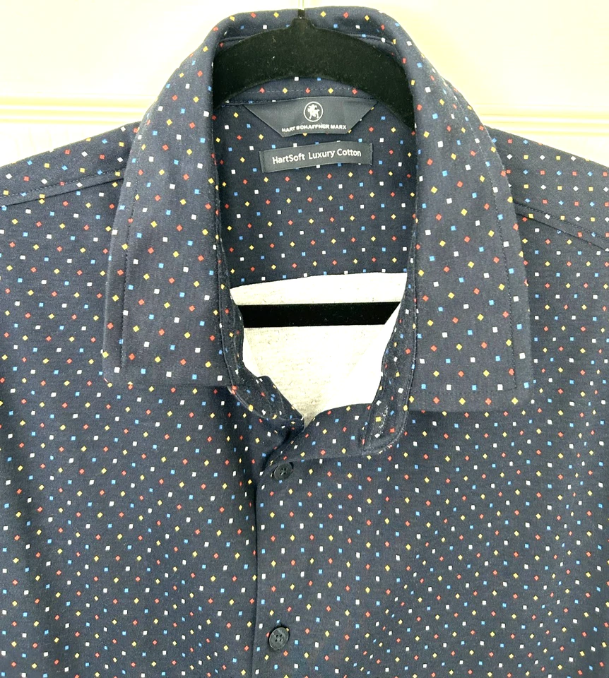 Camisa de vestir Hart Schaffner Marx para hombre XXL azul marino HartSoft de lujo de algodón a lunares Foto 4 de 4