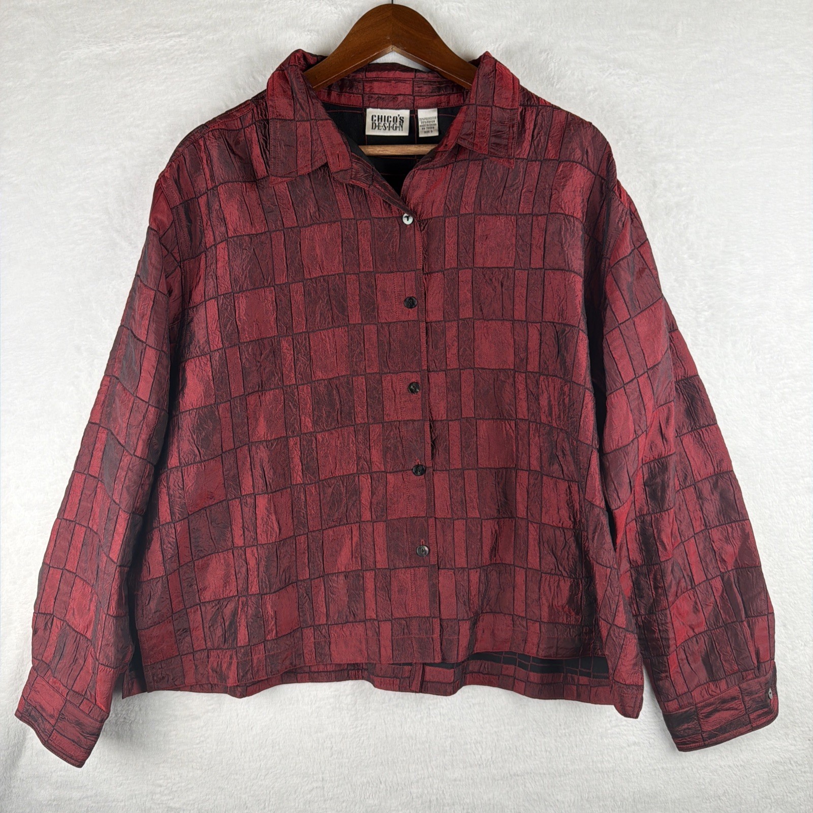 Chico's Red Black Patchwork Shirt Jacket Size 3 A… - image 1