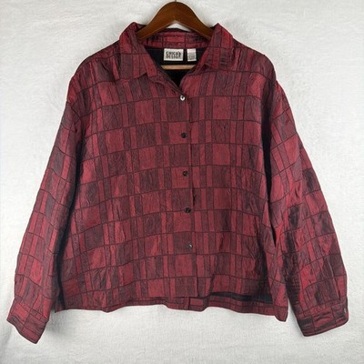 Chico's Red Black Patchwork Shirt Jacket Size 3 Asian Boho Dark Academia Career
