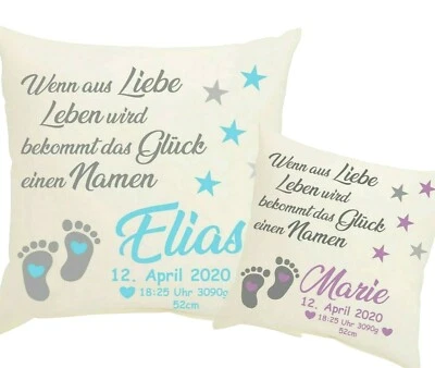 NELINO GEBURTSKISSEN MIT NAME Kissenbezug mit Name & Geburtsdatum ♥Baby♥Geburt♥Taufe♥Geschenk♥ Geburtskissen
