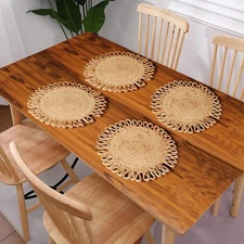 handcrafted placemat, round placemat, looped border and hand stitched jute mate