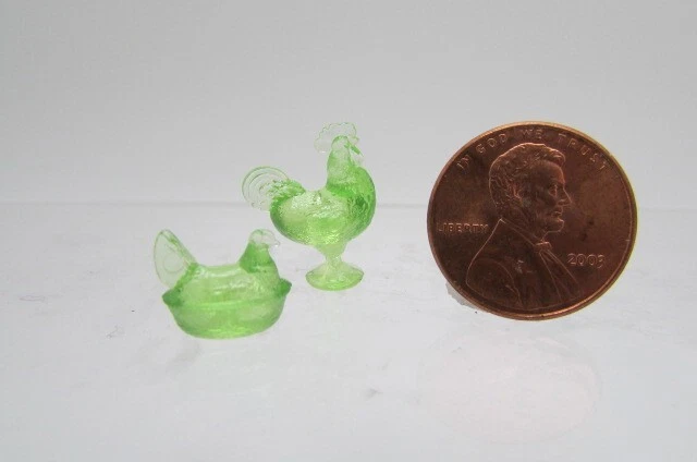 Dollhouse Miniature Chrysnbon Glasslike Rooster and Hen Dish Set in Green CB152G