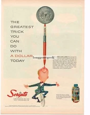 1957 Scripto Super Dollar Ball Pen Unicycle Balancing on Nose art Vintage Ad 