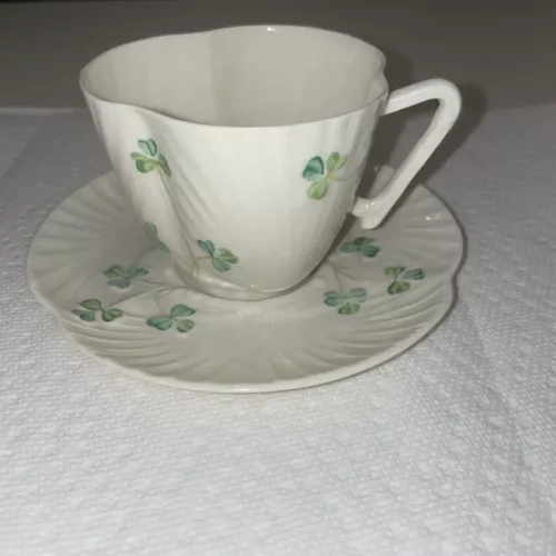 Vintage Belleek Shamrock Harp Handled Teacup & Saucer Set Brown Mark