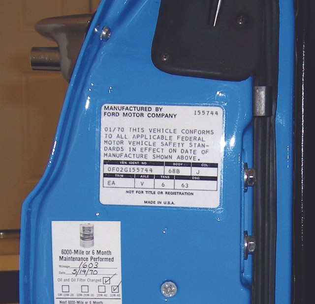 1970 Ford Mustang VIN Door Jamb ID Decal Sticker w/VIN & Date Printed