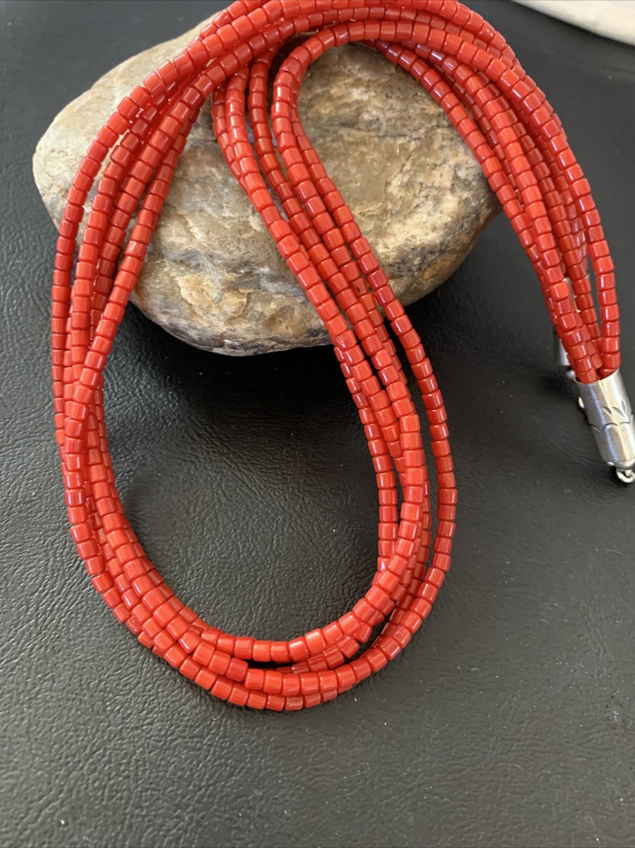 Navajo 5 Strand Red Coral Sterling Silver Bead Necklace 01954 | eBay