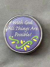 Metal Pill Box 3 Sections Purple With God All Things are Possible! NEW!