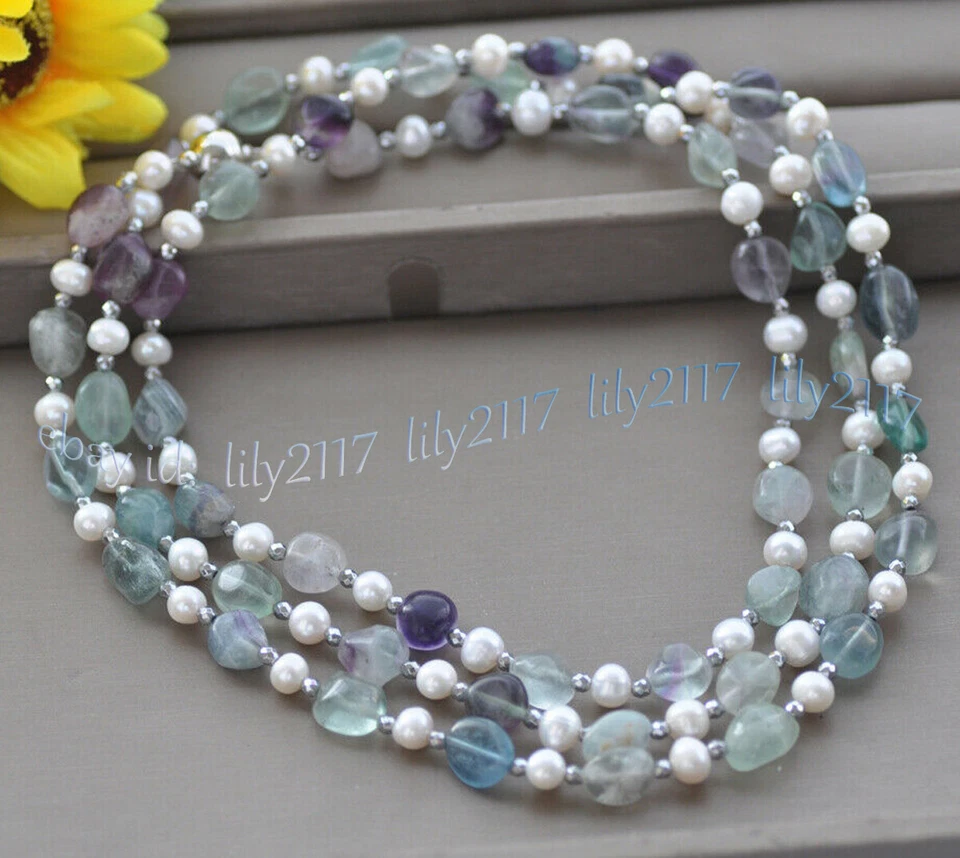 Collar de perlas blancas de 7-8 mm gemas irregulares de fluorita multicolor natural Foto 3 de 3