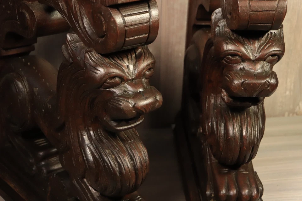 大量 古董 法国 墙面支架 Corbels 手工雕刻 橡木 一对 狮子雕像 — 第 2/4 张图片