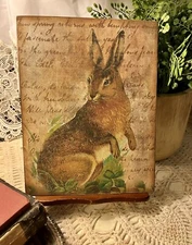 Folk Art Rabbit, Primitive Handcrafted Artist Canvas Flat Board SIGN  # 1