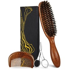 Hair and Beard Brush Kit for Men with Natural Boar Bristles and Sapele Wood E...